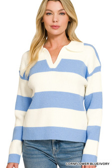 Zenana Striped Collared Sweater