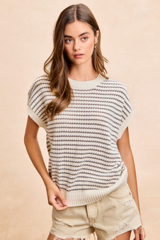 BiBi Pointelle Stripes Sleeveless Drop Shoulder Lightweight Sweater Top