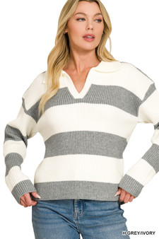 Zenana Striped Collared Sweater
