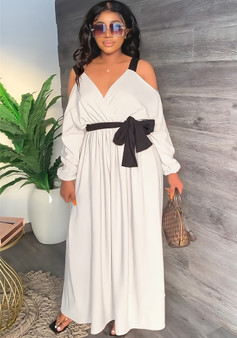 Women Elegant V Neck Off-Shoulder Long Sleeved Dress