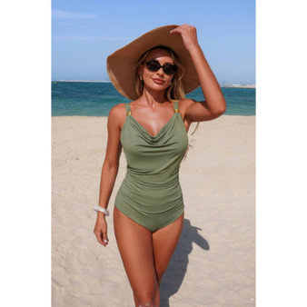 One Piece V Neck Ruched Tummy Control Swimsuit