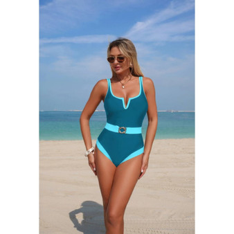 One Piece Color Block Metal Buckle Belt Swimsuit 