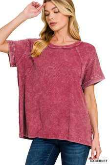 Zenana Washed Ribbed Cuffed Short Sleeve Round Neck Top