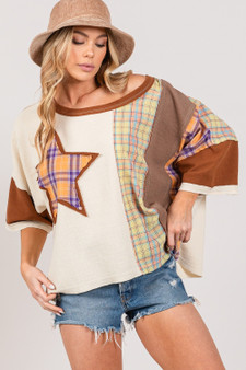 SAGE + FIG Full Size Round Neck Plaid Star Patch T-Shirt Plus Size