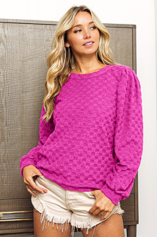 BiBi Brush Chcker Jqd Puff Sleeves Crew Neck Top
