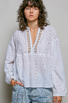 POL Lace Eyelet Long Sleeve Cotton Blouse