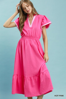 Umgee Contrast Trim Midi Dress with Tiered Ruffle Hem