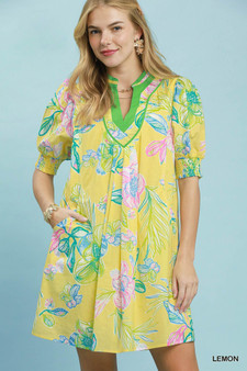 Umgee Botanical Print Dress with Smocked Cuffs