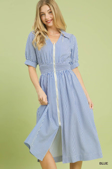 Umgee Striped Midi Dress with Front Zipper