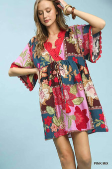 Umgee Abstract Print V-Neck Mini Dress
