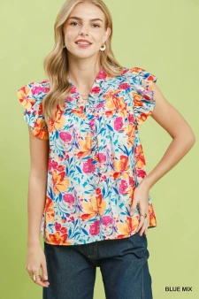 Umgee Smocked Yoke Ruffle Sleeve Floral Blouse