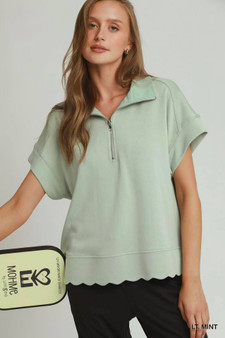 Umgee Half Zip Pullover with Scalloped Edge Hem