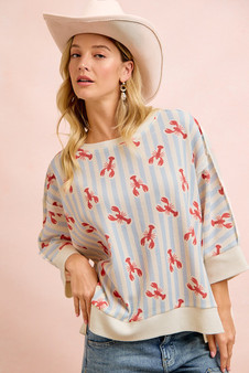 BiBi 4th Of July Lobsters Stripe Waffle Knit Sleeve Top