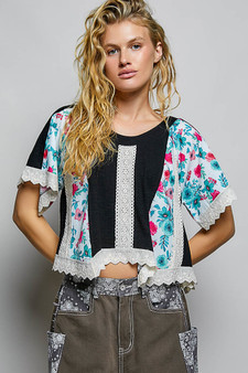POL Round Neck Ribbed Cropped Top with Lace Detail