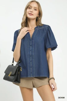 Umgee Denim Button Front Puff Sleeve Boho Blouse
