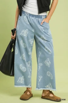 Umgee Denim Paisley Wide-Leg Pants