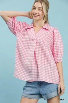 Umgee Gingham Puff Sleeve Collared Blouse