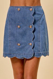 SO ME Denim Scalloped Buttoned Front Skirt