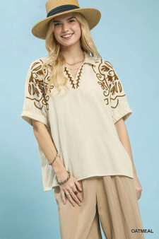 Umgee Floral Embroidered Sleeve Blouse