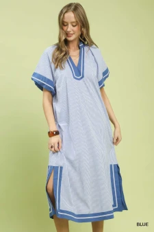 Umgee Pinstripe Contrast Trim Midi Dress