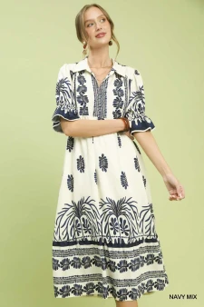 Umgee Border Print Midi Dress with Puff Sleeves