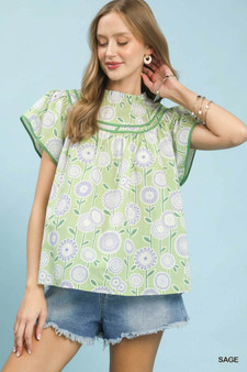 Umgee Retro Floral Smocked Babydoll Blouse