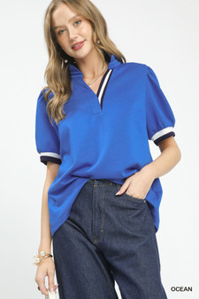 Umgee Luxe knit Contrast Trim Puff Sleeve Top
