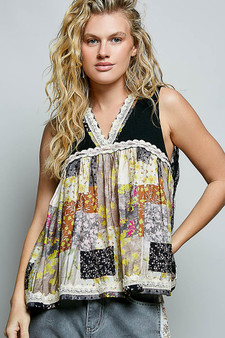 POL Floral V-Neck Sheer Tank with Lace Trim