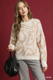 Umgee Heart Print Crew Neck Sweater