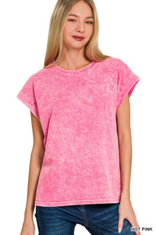 Zenana Halo Washed Cuffed Short Sleeve Tee