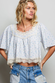 POL Floral Print Lace Trim Blouse