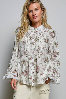 POL Floral Lace Trim Pintuck Button-Down Shirt