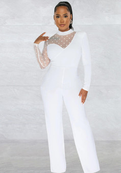 Women mesh See-Through Polka Dot Long Sleeve Jumpsuit