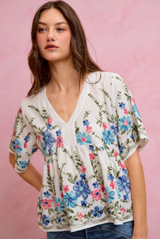 SO ME Floral Embroidered Baby Doll Blouse Top