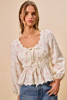 SO ME Floral Clip Dot Lace Trim Ruched Bodice Blouse