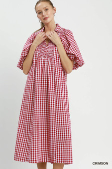 Umgee Puff Sleeve Plaid Midi Dress