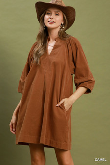Umgee Corduroy V-Neck Puff Sleeve Shift Dress with Pockets