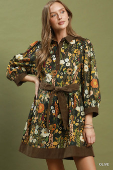 Umgee Floral Print Belted Puff Sleeve Mini Dress