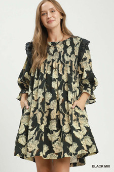 Umgee Mix Floral Print Smocked Ruffle Detail Flowy Dress