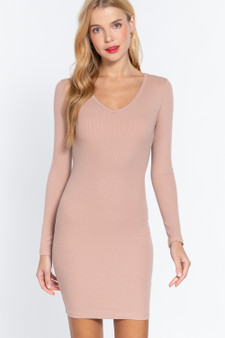 Long Slv V-Neck Mini Rib Dress
