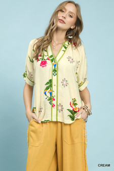 Umgee Botanical Print Contrast Trim Button Blouse