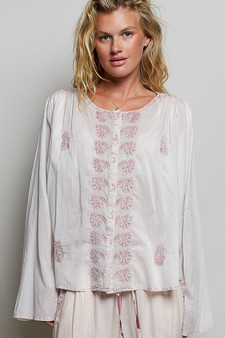 POL Embroidered Gathered Shoulder Long Sleeve Shirt