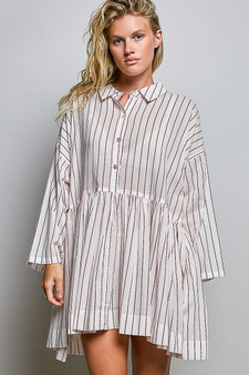 POL Striped Gathered Waist Woven Shirt Dress