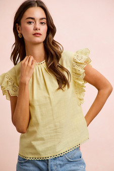 BiBi Cotton Solid Ruffle Sleeve Lace Detail Blouse Top