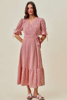SO ME Stripe Textured Short Sleeves Lined Wrap Midi Dres