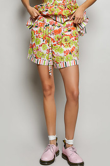 POL Drawstring Floral Shorts with Contrast Striped Trim