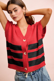 BiBi Game Day Theme Stripe Buttoned V Neck Knit Cardigan