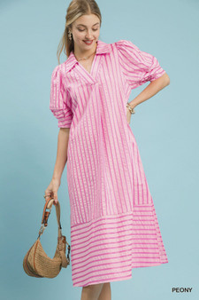 Umgee Striped Puff Sleeve Midi Dress