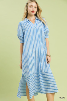 Umgee Striped Puff Sleeve Midi Dress