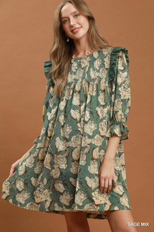 Umgee Mix Floral Print Smocked Ruffle Detail Flowy Dress